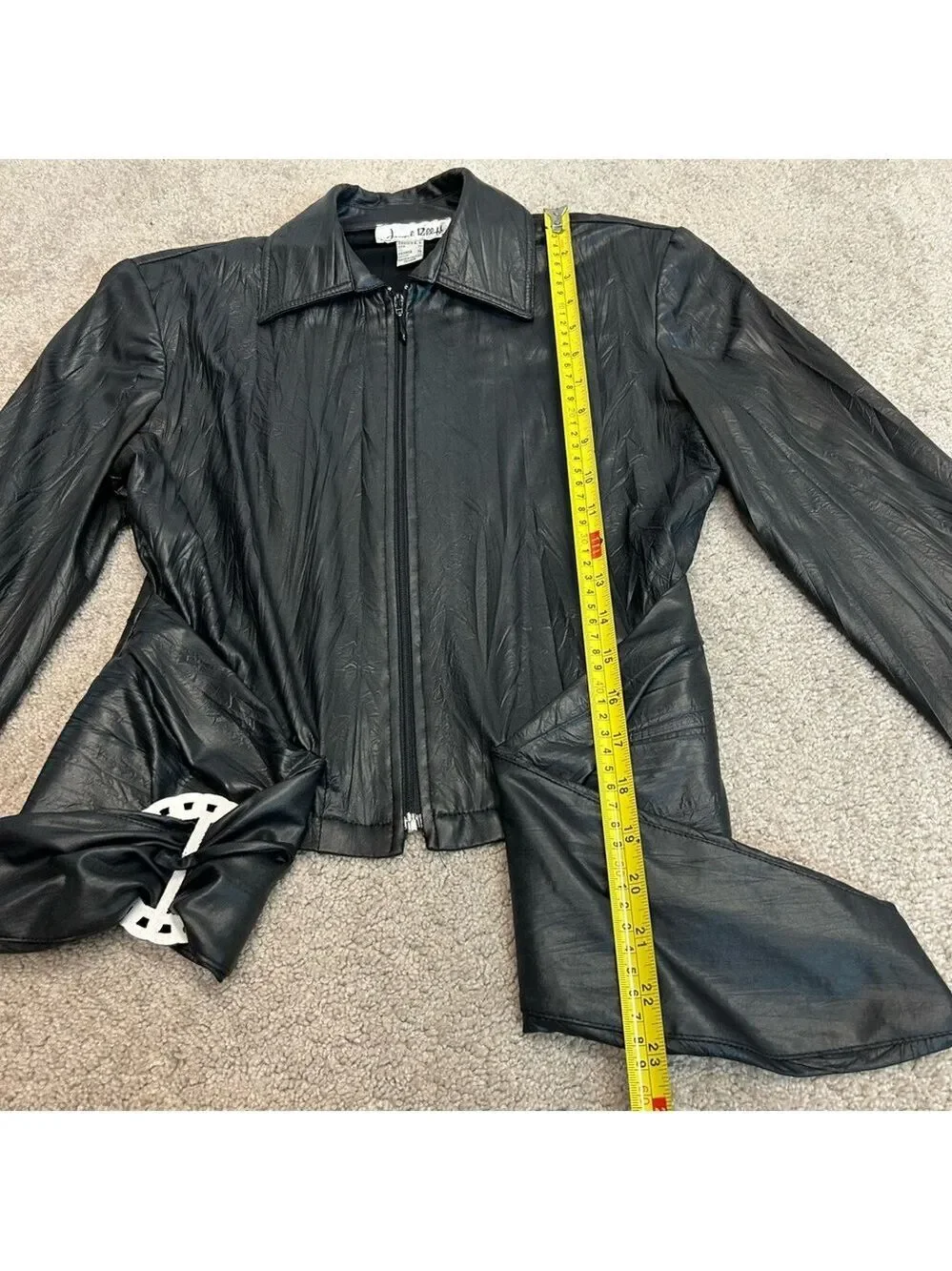 Joseph Ribkoff black faux leather full zip front buckle jacket wrinkled style 6